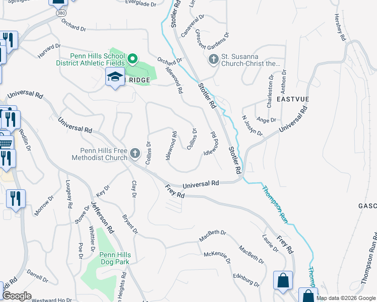 map of restaurants, bars, coffee shops, grocery stores, and more near 407 Collins Drive in Pittsburgh