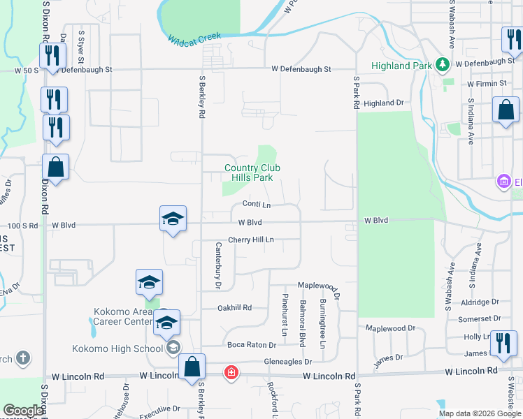 map of restaurants, bars, coffee shops, grocery stores, and more near 1701 Conti Lane in Kokomo