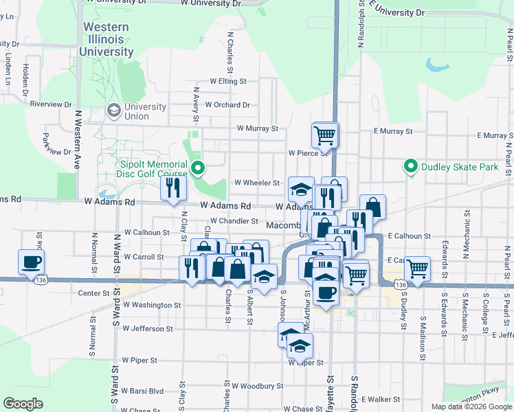 map of restaurants, bars, coffee shops, grocery stores, and more near 400 West Adams Street in Macomb