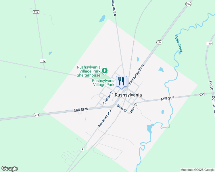 map of restaurants, bars, coffee shops, grocery stores, and more near 152 Rush Street in Rushsylvania