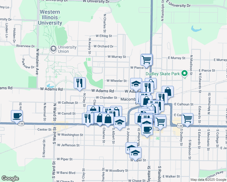 map of restaurants, bars, coffee shops, grocery stores, and more near 408 West Adams Street in Macomb