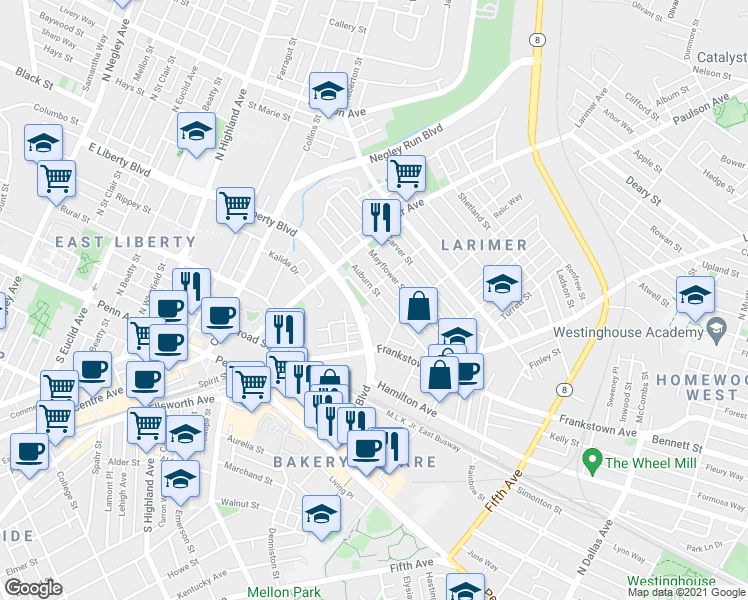 map of restaurants, bars, coffee shops, grocery stores, and more near 152 Auburn Street in Pittsburgh