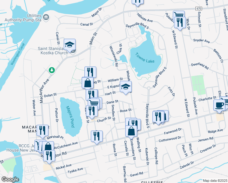 map of restaurants, bars, coffee shops, grocery stores, and more near 47 Hart Street in Sayreville
