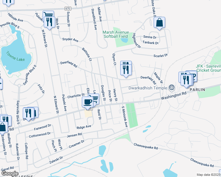 map of restaurants, bars, coffee shops, grocery stores, and more near 30 Price Street in Sayreville