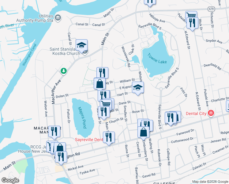 map of restaurants, bars, coffee shops, grocery stores, and more near 5 Thomas Street in Sayreville