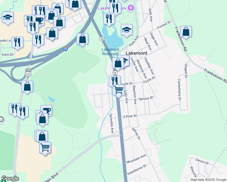 map of restaurants, bars, coffee shops, grocery stores, and more near 338R South Logan Boulevard in Altoona