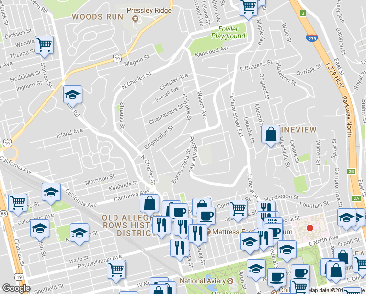 map of restaurants, bars, coffee shops, grocery stores, and more near 525 McClintock Avenue in Pittsburgh