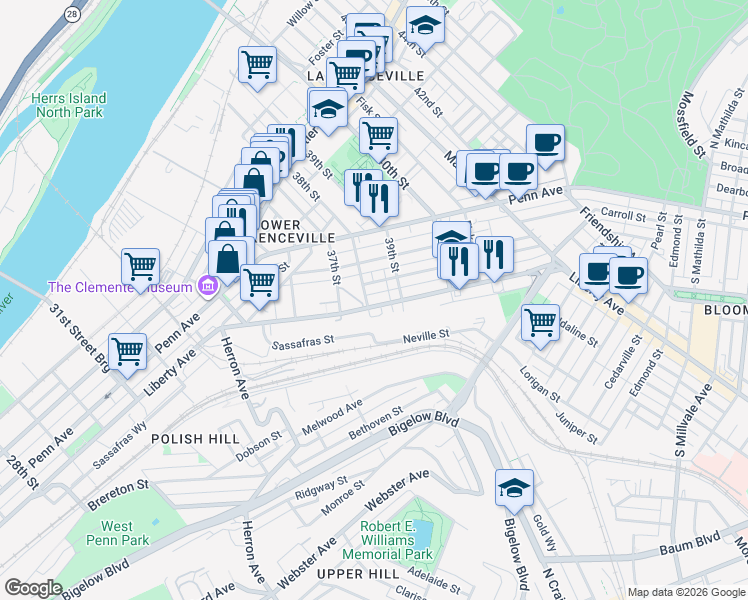 map of restaurants, bars, coffee shops, grocery stores, and more near 3809 Liberty Avenue in Pittsburgh