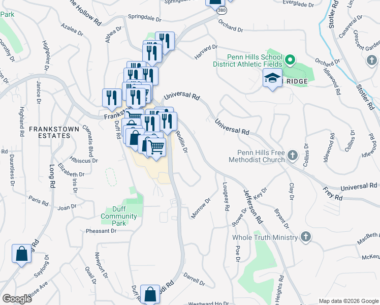 map of restaurants, bars, coffee shops, grocery stores, and more near 207 Rodilin Drive in Pittsburgh