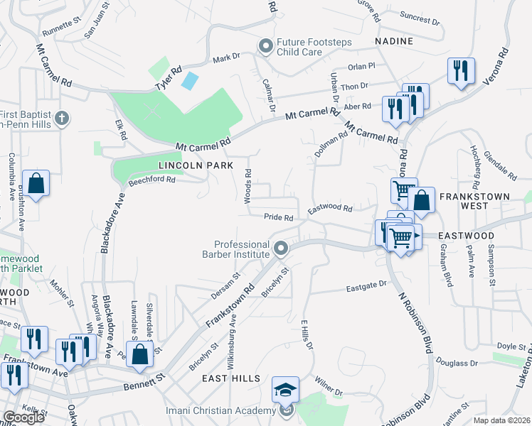 map of restaurants, bars, coffee shops, grocery stores, and more near 69 Pride Road in Pittsburgh