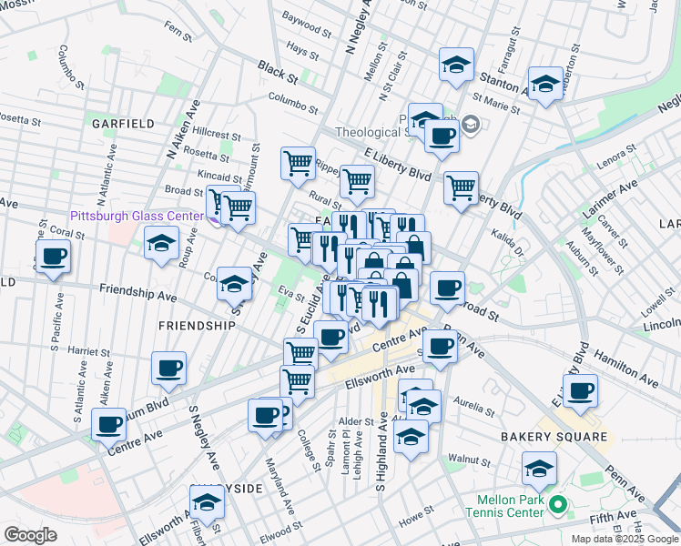 map of restaurants, bars, coffee shops, grocery stores, and more near 5807 Penn Avenue in Pittsburgh