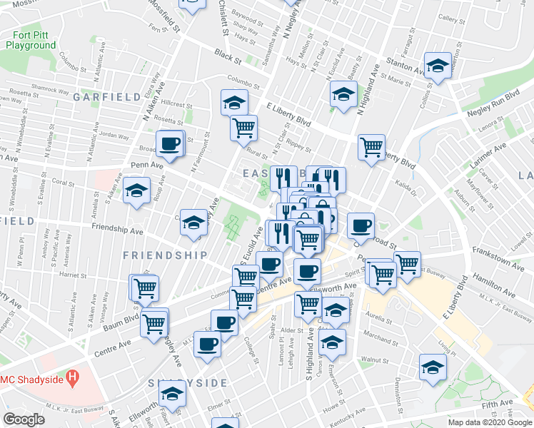 map of restaurants, bars, coffee shops, grocery stores, and more near 5807 Penn Avenue in Pittsburgh