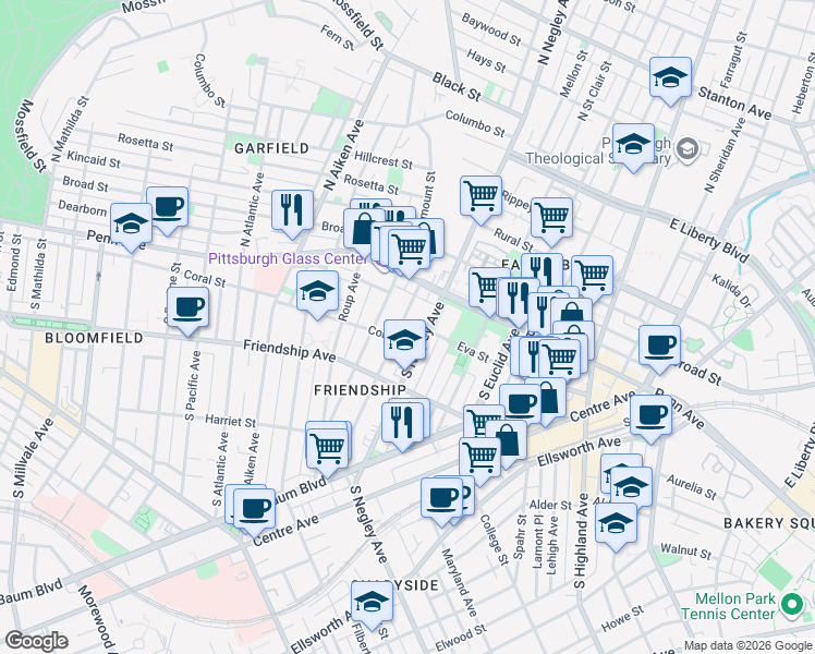 map of restaurants, bars, coffee shops, grocery stores, and more near 137 Stratford Avenue in Pittsburgh