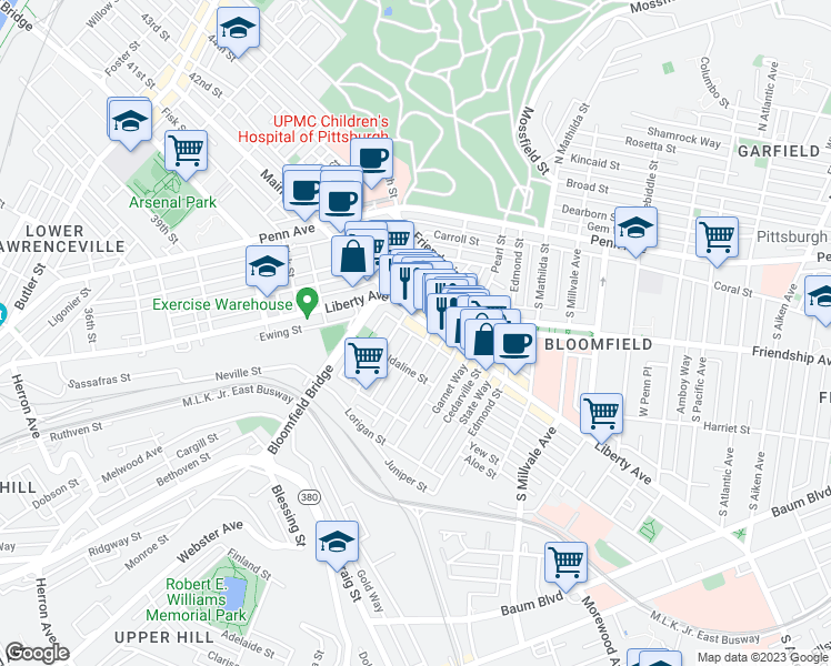 map of restaurants, bars, coffee shops, grocery stores, and more near 4518 Liberty Avenue in Pittsburgh