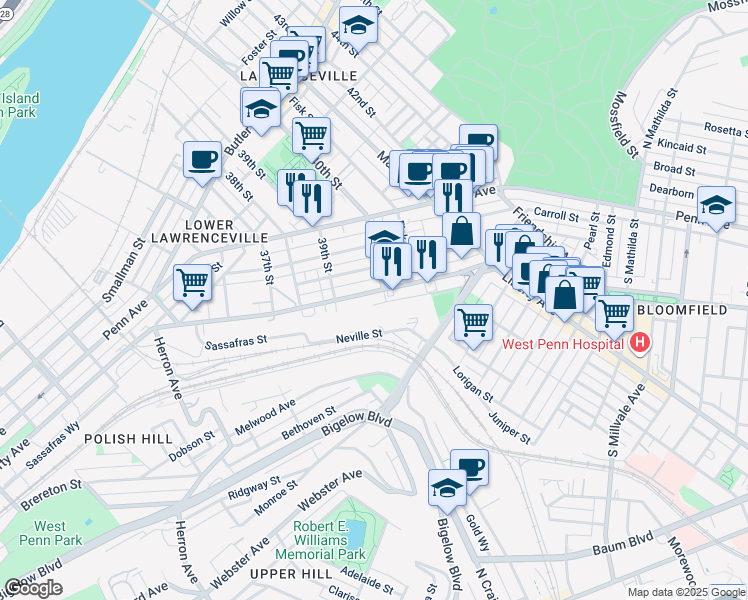 map of restaurants, bars, coffee shops, grocery stores, and more near 3946 Liberty Avenue in Pittsburgh