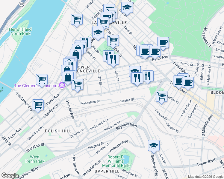 map of restaurants, bars, coffee shops, grocery stores, and more near in Pittsburgh
