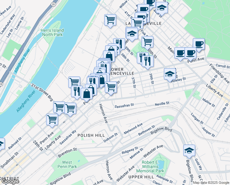 map of restaurants, bars, coffee shops, grocery stores, and more near 3500 Denny Street in Pittsburgh