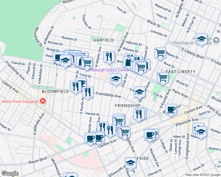 map of restaurants, bars, coffee shops, grocery stores, and more near 214 South Graham Street in Pittsburgh