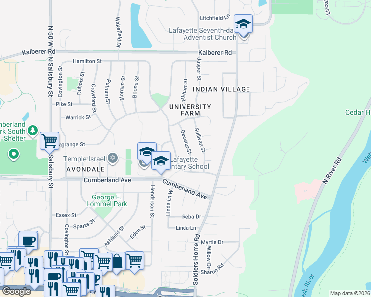 map of restaurants, bars, coffee shops, grocery stores, and more near 3051 Decatur Street in West Lafayette
