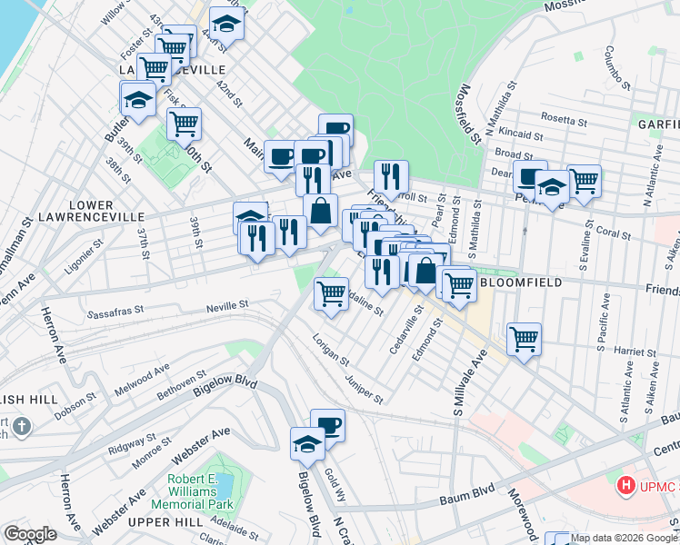 map of restaurants, bars, coffee shops, grocery stores, and more near 333 Darsie Street in Pittsburgh