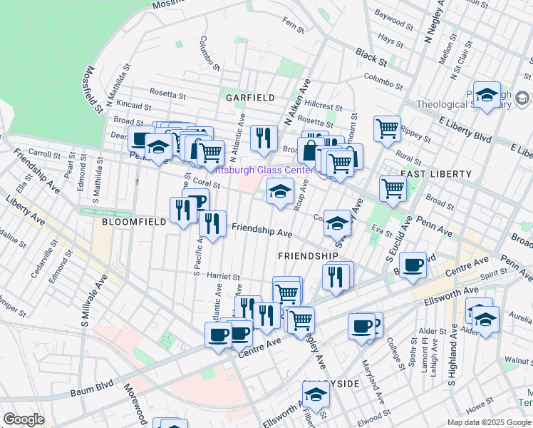 map of restaurants, bars, coffee shops, grocery stores, and more near 214 South Graham Street in Pittsburgh
