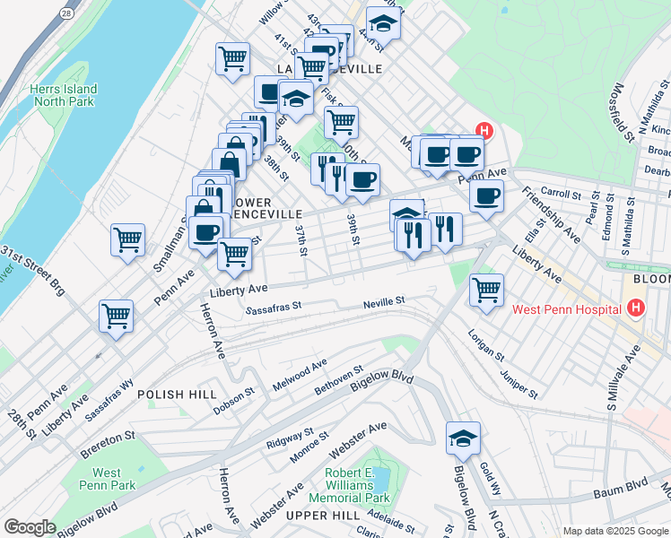map of restaurants, bars, coffee shops, grocery stores, and more near 3809 Liberty Avenue in Pittsburgh