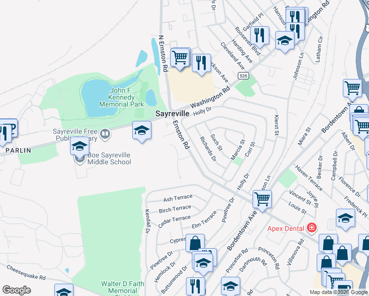 map of restaurants, bars, coffee shops, grocery stores, and more near 49 North Ernston Road in Sayreville