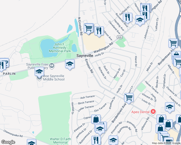 map of restaurants, bars, coffee shops, grocery stores, and more near 49 North Ernston Road in Sayreville