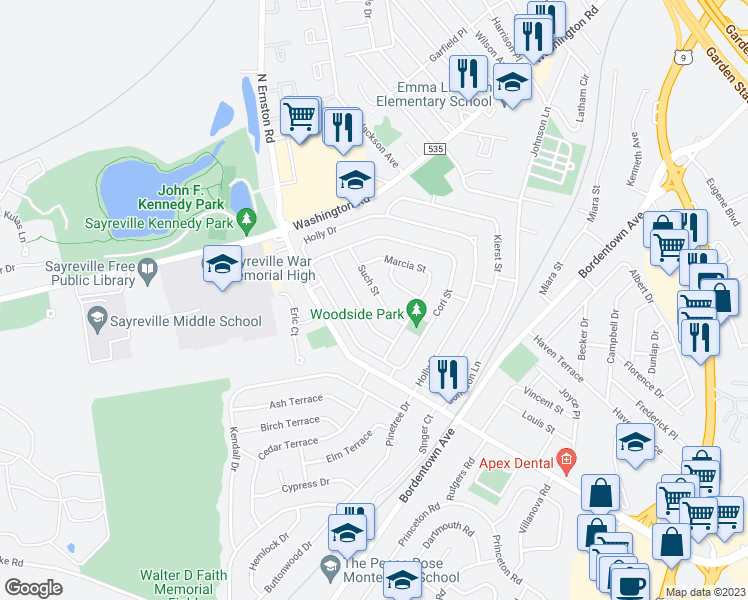 map of restaurants, bars, coffee shops, grocery stores, and more near 55 Such Street in Sayreville