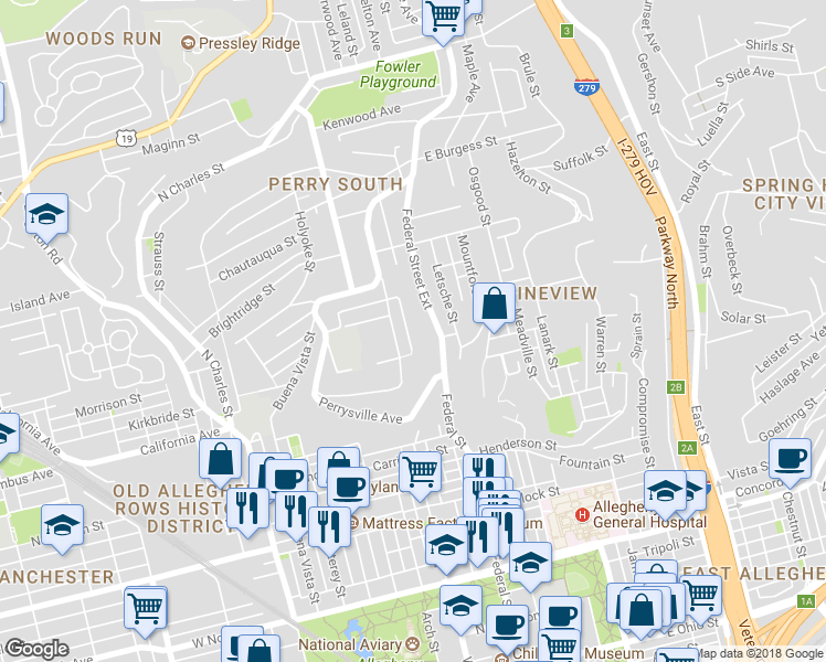 map of restaurants, bars, coffee shops, grocery stores, and more near 1922 Lithgow Avenue in Pittsburgh