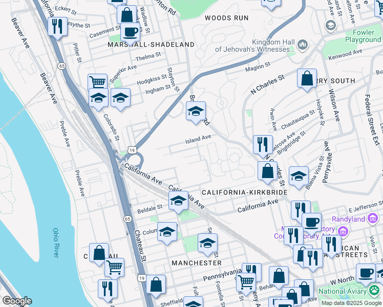 map of restaurants, bars, coffee shops, grocery stores, and more near 1126 Colfax Street in Pittsburgh