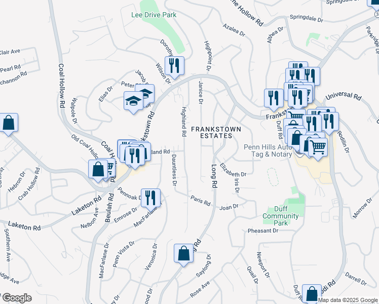 map of restaurants, bars, coffee shops, grocery stores, and more near 301 Highland Rd in Pittsburgh