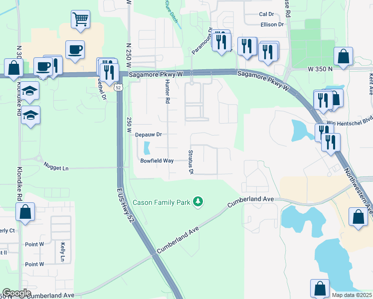 map of restaurants, bars, coffee shops, grocery stores, and more near 3144 Stratus Drive in West Lafayette