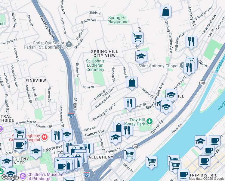 map of restaurants, bars, coffee shops, grocery stores, and more near 1124 Haslage Avenue in Pittsburgh