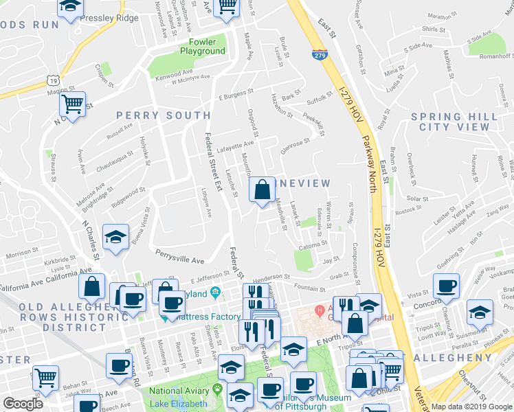 map of restaurants, bars, coffee shops, grocery stores, and more near 1909 Belleau Street in Pittsburgh
