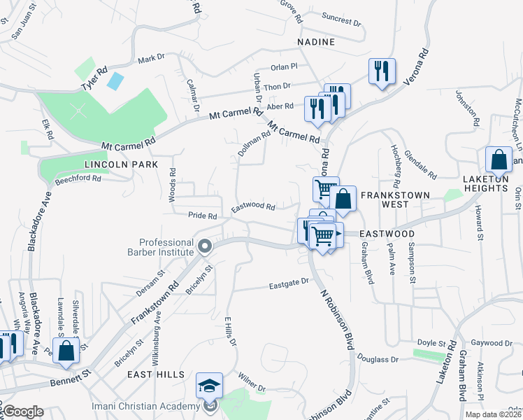 map of restaurants, bars, coffee shops, grocery stores, and more near 8962 Eastwood Road in Pittsburgh