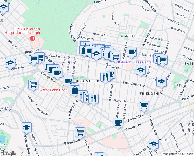 map of restaurants, bars, coffee shops, grocery stores, and more near 273 South Winebiddle Street in Pittsburgh