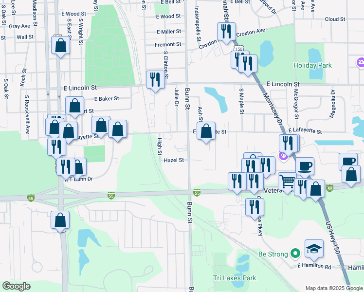 map of restaurants, bars, coffee shops, grocery stores, and more near 1605 Bunn Street in Bloomington