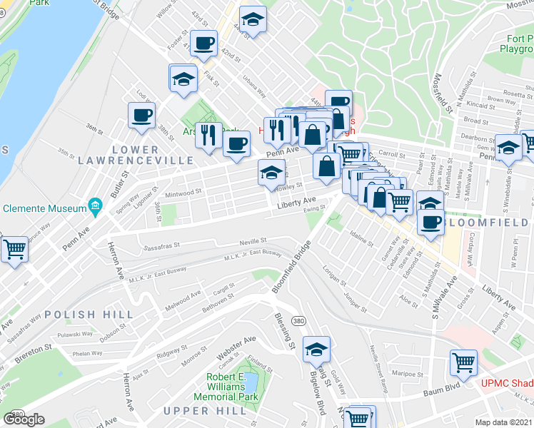 map of restaurants, bars, coffee shops, grocery stores, and more near 3946 Liberty Avenue in Pittsburgh
