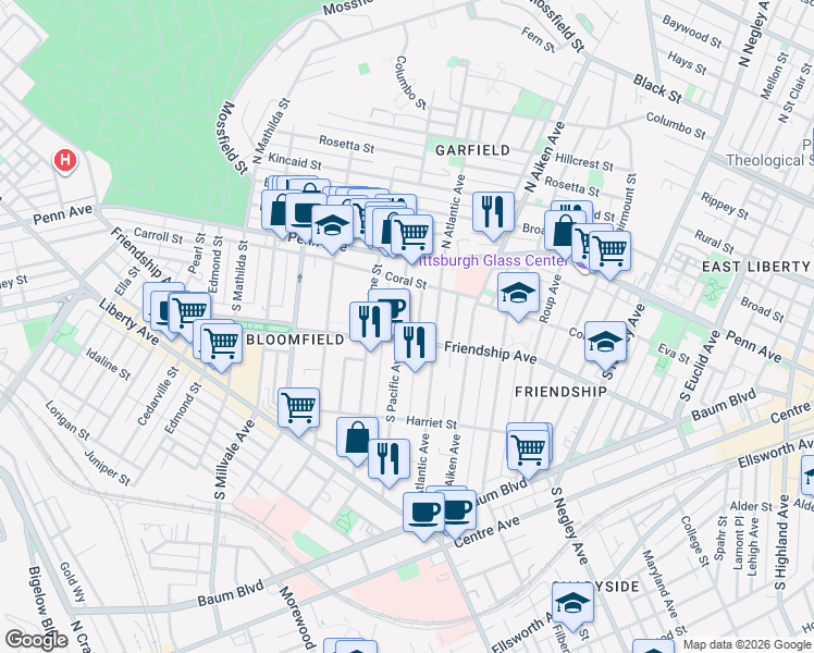 map of restaurants, bars, coffee shops, grocery stores, and more near 239 South Pacific Avenue in Pittsburgh