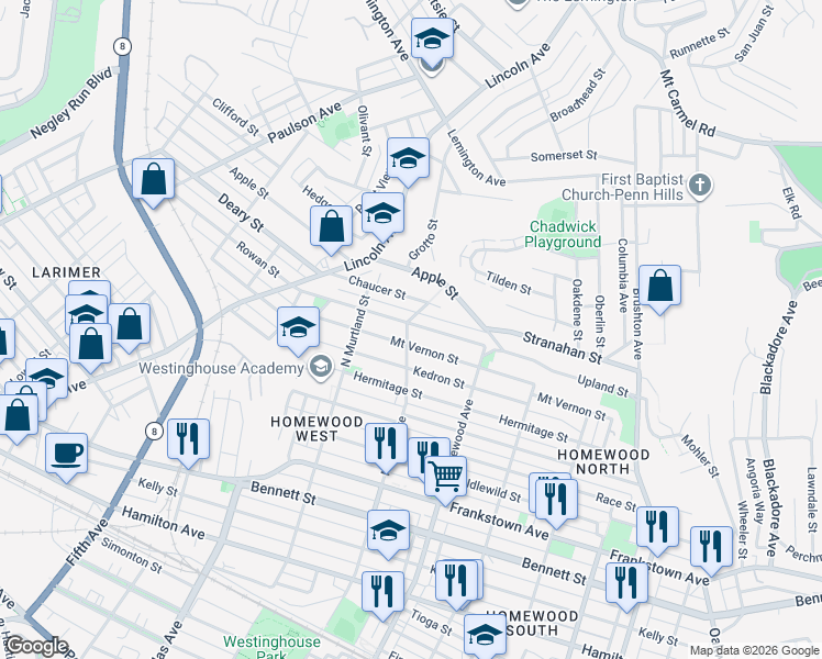map of restaurants, bars, coffee shops, grocery stores, and more near 7100 Upland Street in Pittsburgh