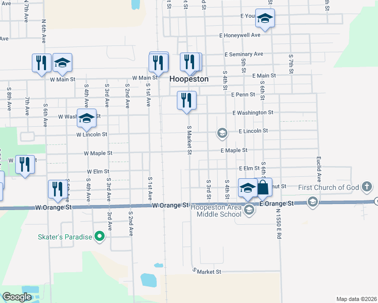 map of restaurants, bars, coffee shops, grocery stores, and more near 301 East Maple Street in Hoopeston