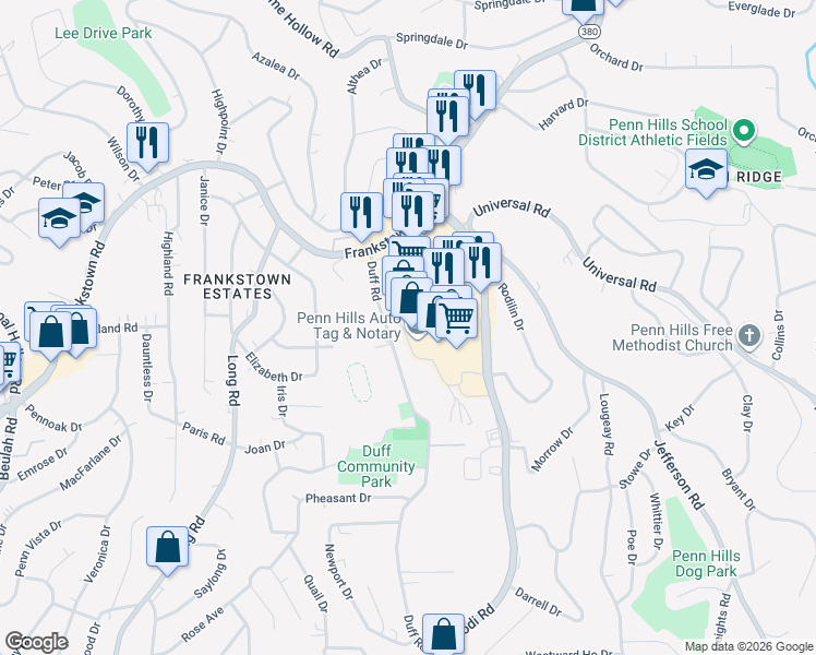 map of restaurants, bars, coffee shops, grocery stores, and more near 40 Federal Drive in Penn Hills