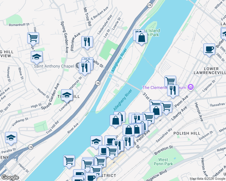 map of restaurants, bars, coffee shops, grocery stores, and more near 14 Waterfront Drive in Pittsburgh