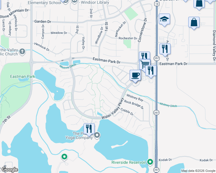 map of restaurants, bars, coffee shops, grocery stores, and more near 124 Rock Bridge Court in Windsor