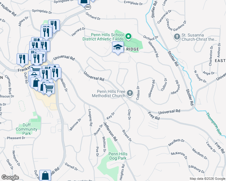 map of restaurants, bars, coffee shops, grocery stores, and more near 201 Webster Drive in Pittsburgh