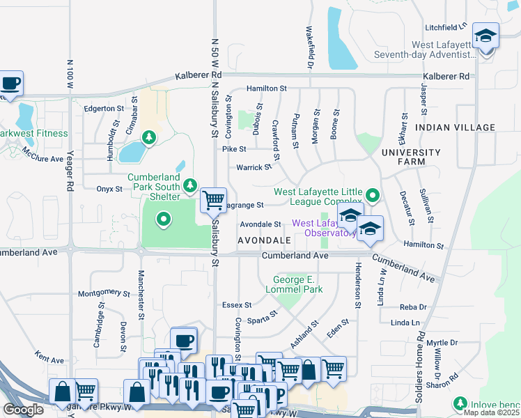 map of restaurants, bars, coffee shops, grocery stores, and more near 829 Lagrange Street in West Lafayette