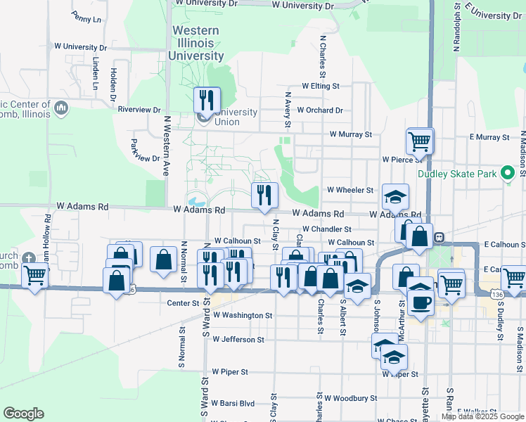 map of restaurants, bars, coffee shops, grocery stores, and more near West University Drive in Macomb
