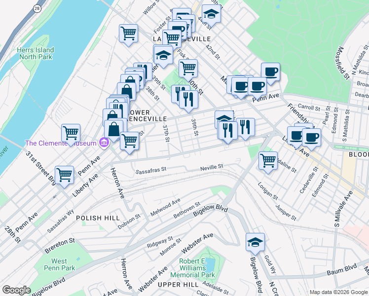 map of restaurants, bars, coffee shops, grocery stores, and more near 3809 Liberty Avenue in Pittsburgh