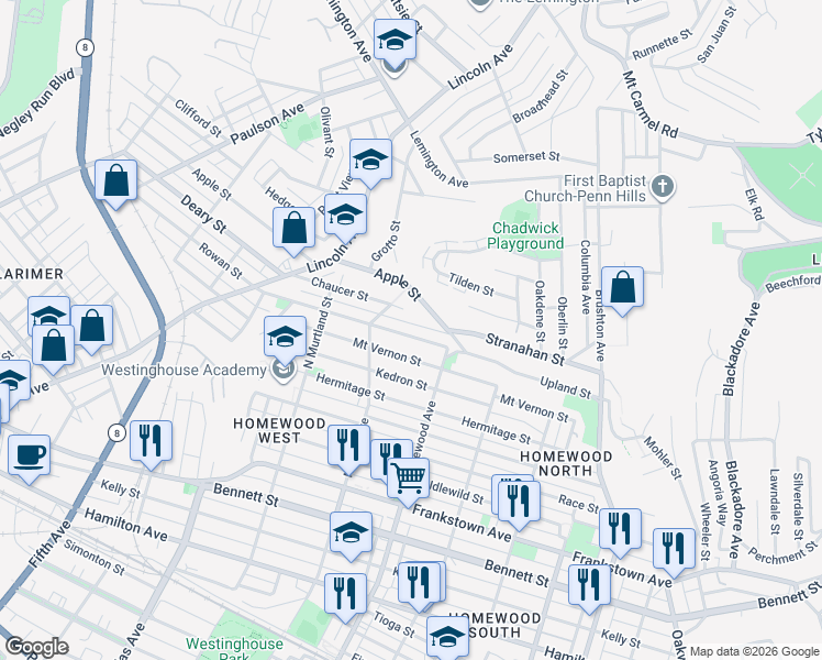 map of restaurants, bars, coffee shops, grocery stores, and more near 7137 Upland Street in Pittsburgh
